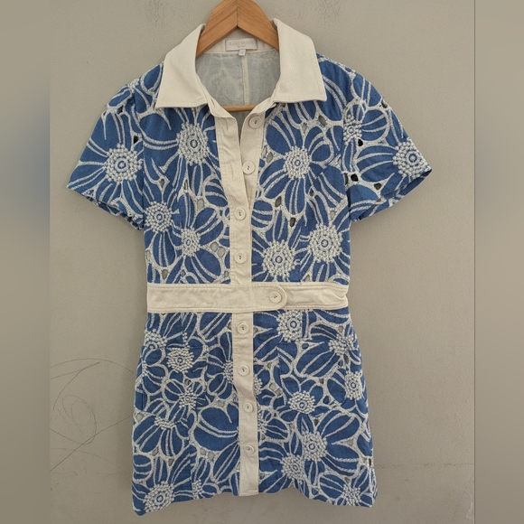 Ramy Brooke Shannon Blue Eyelet Floral Mini Shirt Dress Size - Picture 4 of 10